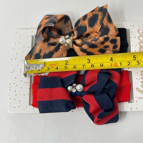NWT! 2 Headband Set! Leopard print & Striped Pearl & CZ Diamond Bow Headbands - Picture 5 of 7